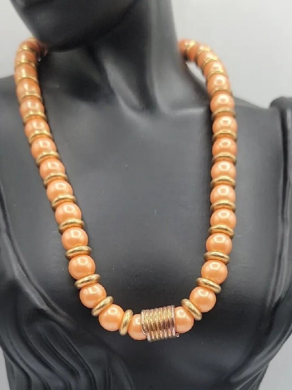 Vintage Alexis Kirk Orange Faux Pearl Choker Necklace 15" Ribbed Brass Statement